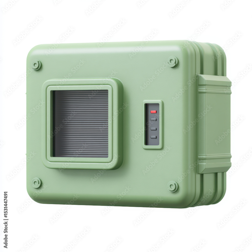 Fototapeta premium Green electronic device with square display screen, control buttons, and compact, boxy design, possibly control panel