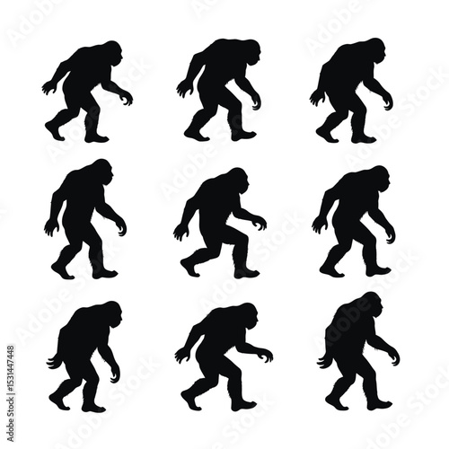 Nine bigfoot silhouettes walking sequence animation set