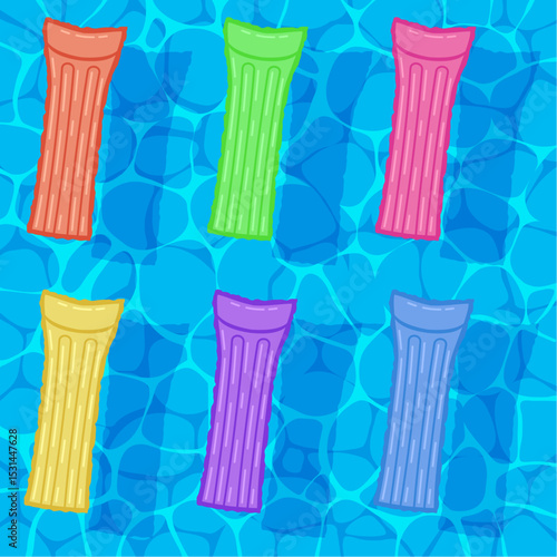 vector collection of air mattresses in water pool. inflatable colorful pool air mattress floating on the pool water. eps10