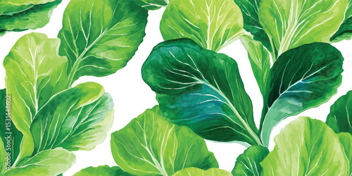 Green Lettuce, Cabbage, Leafy Greens Watercolor Seamless Pattern. Fresh Healthy Food Design for trendy textile, packaging, fabric, wallpaper, branding, stationery, wrapping paper interior decor.