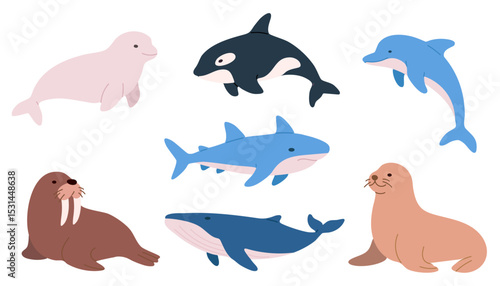 Vector set of sea animals including dolphin, whale, orca, shark, seal, walrus, and beluga. Cute marine creatures isolated on white. Perfect for kids' projects and educational materials.