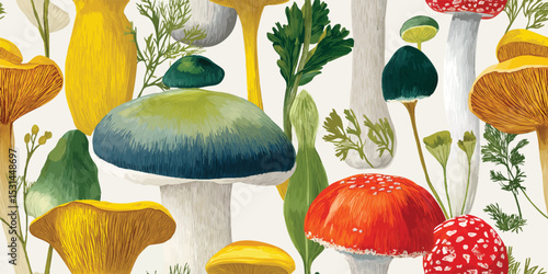 Forest Mushroom and Botanical Elements Watercolor Seamless Pattern. Nature Inspired Design for trendy design, textile, packaging, fabric, wallpaper, branding, stationery, wrapping paper interior decor