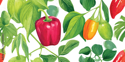 Bell Peppers and Leaves Seamless Pattern. Fresh Healthy Vegetable Food Design for trendy design, textile, packaging, fabric, wallpaper, branding, stationery, wrapping paper interior decor.