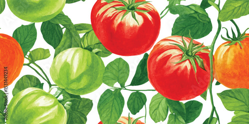 Ripe Tomato and Green Leaves Seamless Pattern. Fresh Harvest Botanical Design for textile, packaging, fabric, wallpaper, branding, stationery, wrapping paper interior decor.