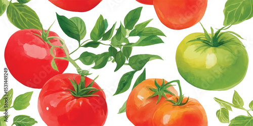 Ripe Tomato and Green Leaves Seamless Pattern. Fresh Harvest Botanical Design for textile, packaging, fabric, wallpaper, branding, stationery, wrapping paper interior decor.