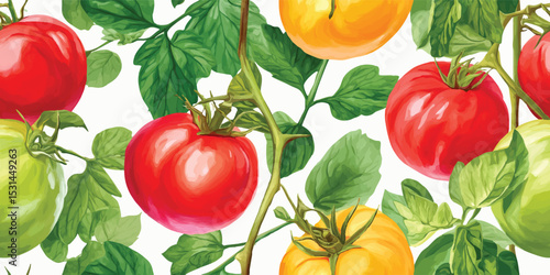 Ripe Tomato and Green Leaves Seamless Pattern. Fresh Harvest Botanical Design for textile, packaging, fabric, wallpaper, branding, stationery, wrapping paper interior decor.