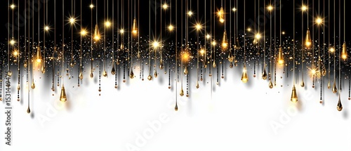 Golden teardrop lights dangle from a black background onto a white backdrop, creating a luxurious and elegant design