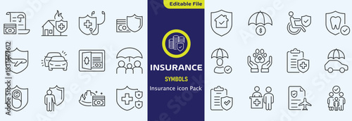 Insurance thin line icons set. Insurance editable stroke symbols collection. Life, car, house, care, money, pet insurance editable stroke icon. Vector illustration