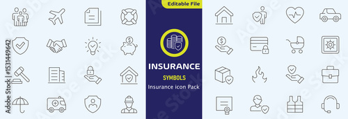 Insurance thin line icons set. Insurance editable stroke symbols collection. Life, car, house, care, money, pet insurance editable stroke icon. Vector illustration