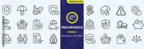 Insurance thin line icons set. Insurance editable stroke symbols collection. Life, car, house, care, money, pet insurance editable stroke icon. Vector illustration