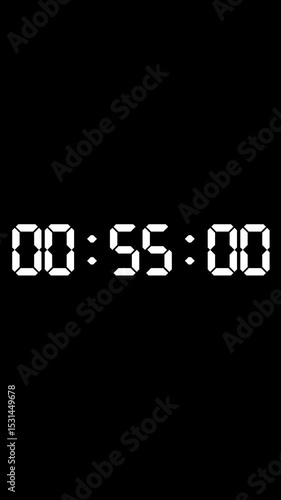 Countdown timer, one minute, white electronic digits, on black background. Vertical animation