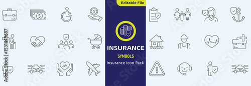 Insurance thin line icons set. Insurance editable stroke symbols collection. Life, car, house, care, money, pet insurance editable stroke icon. Vector illustration