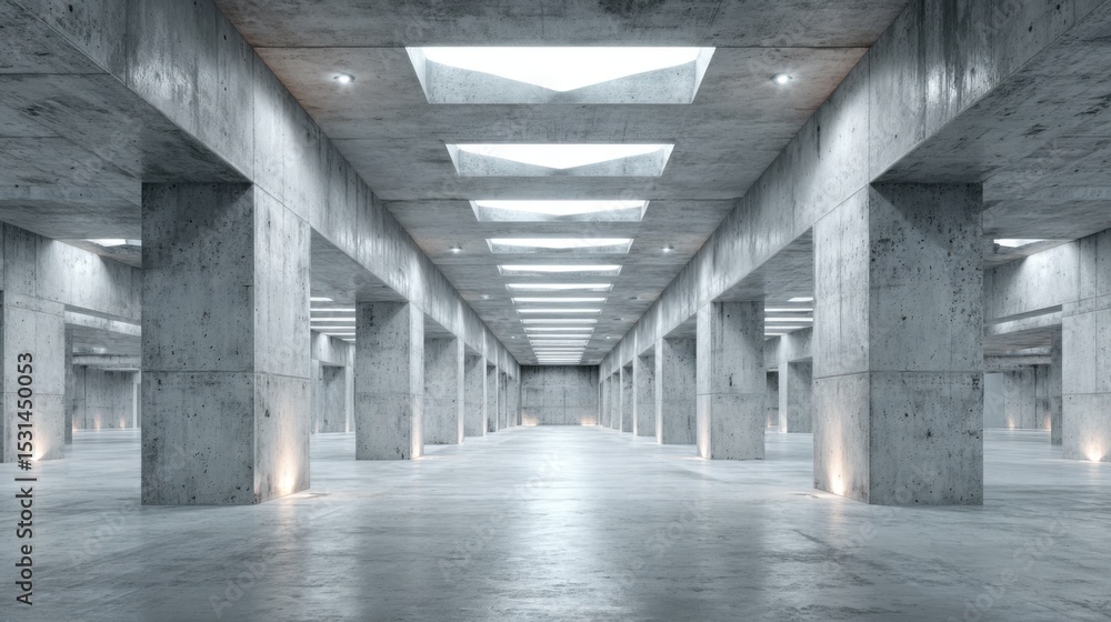 Large industrial space showcases a series of concrete pillars supporting the ceiling. Natural light filters through skylights, creating a bright, open atmosphere perfect for events or exhibitions. Large industrial space showcases a series of concrete pillars supporting the ceiling. Natural light filters through skylights, creating a bright, open atmosphere perfect for events or exhibitions.