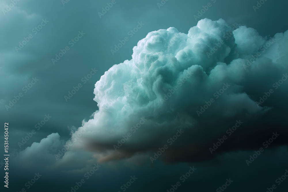 Dramatic Cloudscape: A massive, textured cumulonimbus cloud dominates the teal sky, hinting at an approaching storm or turbulent weather. Dramatic Cloudscape: A massive, textured cumulonimbus cloud dominates the teal sky, hinting at an approaching storm or turbulent weather.