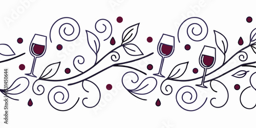 Elegant seamless vector border design with wine glasses and grape leaves  