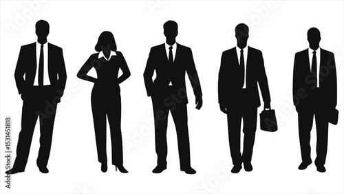 (Project Managers) Vector Silhouette of business professionals in formal wear./A minimalist vector showcasing five figures in business attire.
