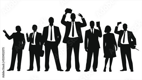 ( Project Managers)Vector Silhouette of diverse business professionals in formal wear/A minimalist illustration featuring silhouettes of businesspeople in formal attire.
