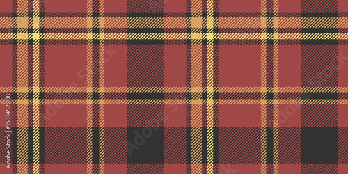 Seamless red, yellow, and black tartan plaid pattern with bold diagonal stripes. Geometric checkered design for fabric, wallpaper, or digital backgrounds. Vector repeatable textile texture