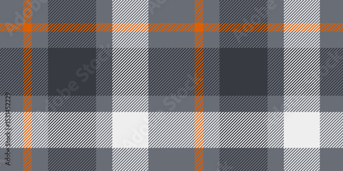 Seamless gray, orange, black, and white tartan plaid pattern with bold diagonal stripes. Geometric checkered design for fabric, wallpaper, or digital backgrounds. Vector repeatable textile texture