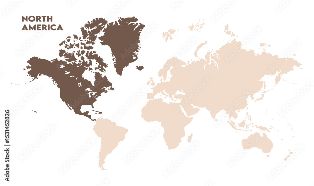 Obraz premium North America in world map-15, Map of North America, highlighted on the world map, North America on the world map, Satellite view, North America's location on the globe.