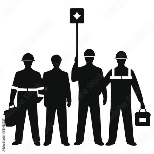 (Safety Inspectors)Vector Silhouette of Construction Workers Ready for Action/A professional, minimalist silhouette image of four construction workers, likely in a pre-work or safety briefing setup.