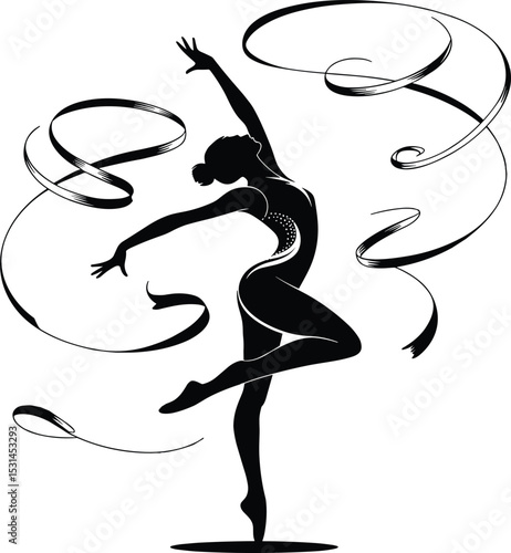 Dynamic Rhythmic Gymnast Silhouette: Elegant Swirling Ribbon, Artistic Sport, and Graceful Female Athlete for Dance and Performance Concepts