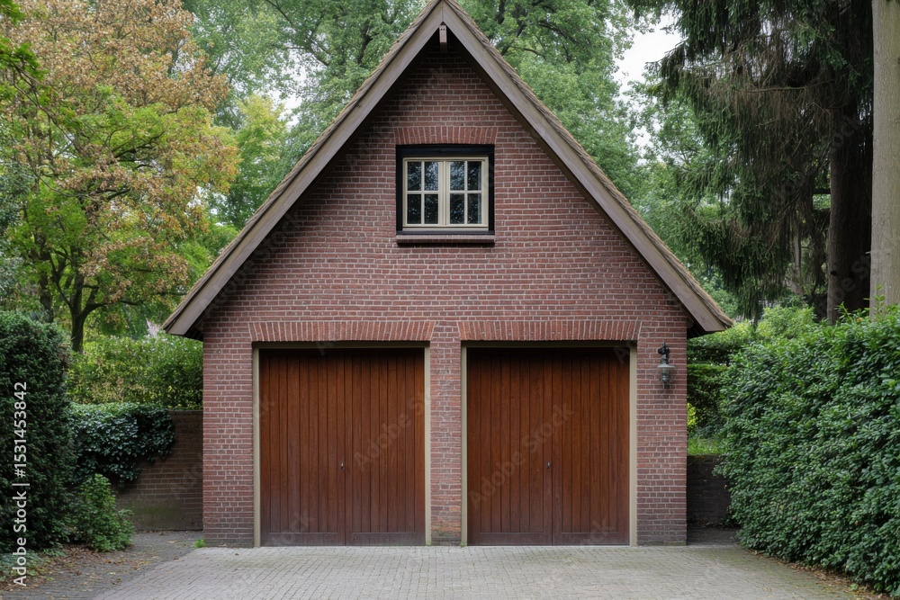 A delightful brick garage featuring rustic wooden doors, beautifully surrounded by lush green foliage, sits peacefully in a tranquil residential neighborhood during the enchanting autumn season A delightful brick garage featuring rustic wooden doors, beautifully surrounded by lush green foliage, sits peacefully in a tranquil residential neighborhood during the enchanting autumn season