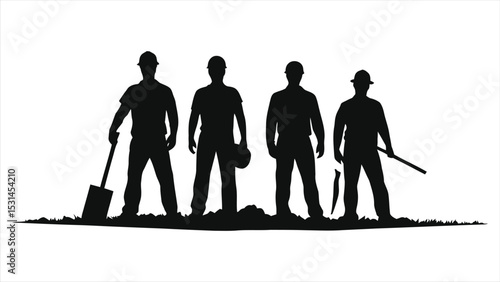 (Construction Workers)Vector Silhouette of Construction Workers Ready for Work/Silhouette image of four construction workers, standing in a row, on a grassy area.
