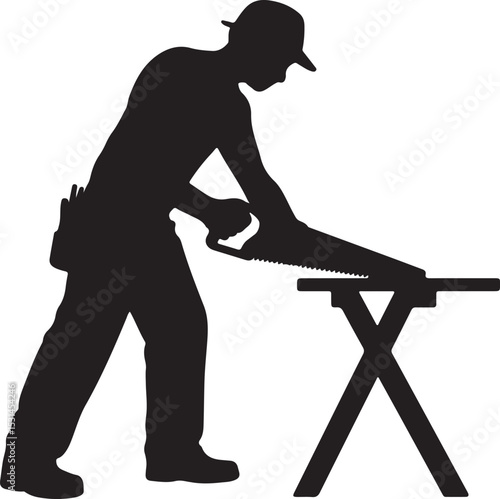 Carpenter Silhouette Hand Sawing Wood On Sawhorse Vector Illustration.