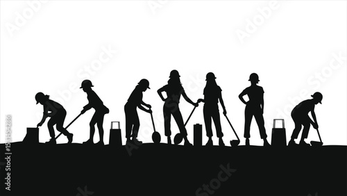 (Construction Workers)Women Construction Workers in Vector Silhouette, Performing Various Tasks/A powerful silhouette image of several women construction workers in various poses