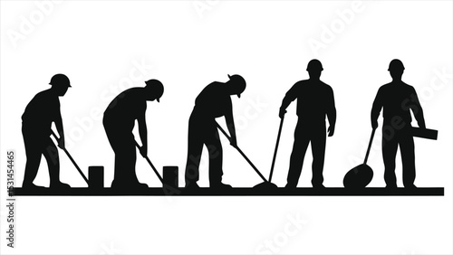 (Construction Workers)Vector Silhouette of construction workers cleaning a surface/A silhouette vector of four construction workers performing cleaning tasks on a flat surface.