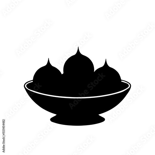 Minimalist black silhouette of gulab jamun in a serving bowl on white background