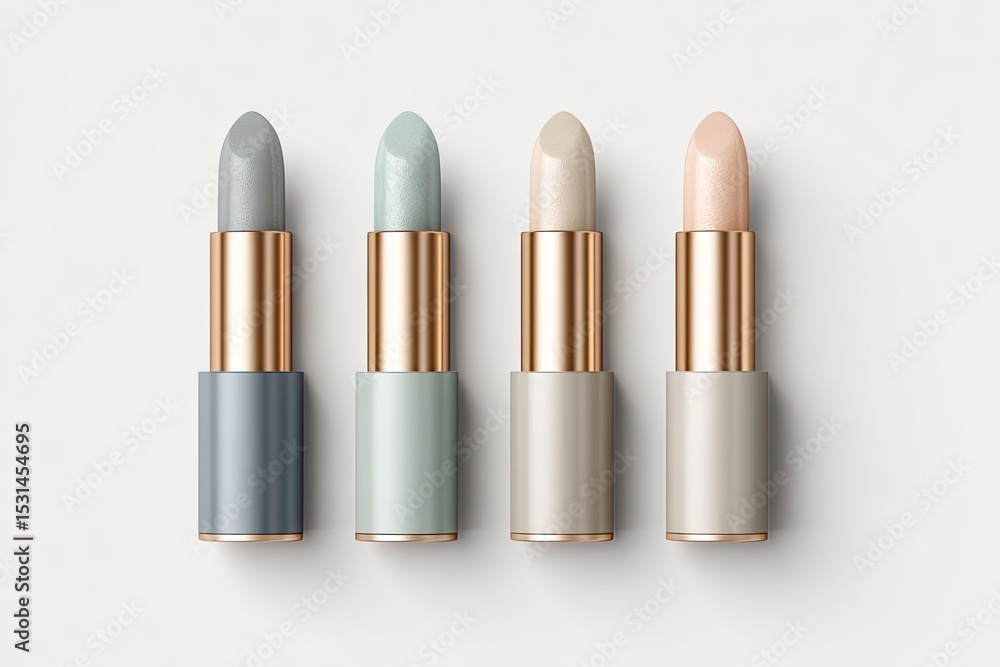 Obraz premium Four tinted lip balms in muted pastel shades, displayed in a row on a white surface. Gold accents highlight the cylindrical containers