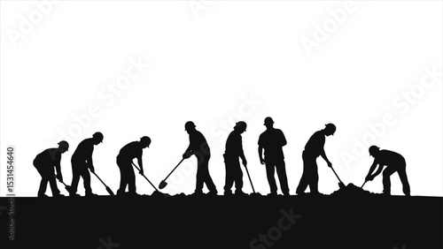 ( Construction Workers)Vector Silhouette of Construction Workers Digging/A powerful silhouette image of several construction workers digging with shovels.