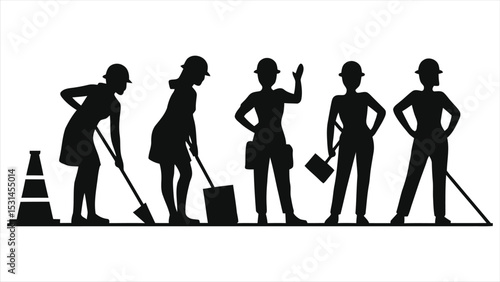 ( Construction Workers)Vector Silhouettes of Women Workers in Construction or Maintenance/A simple, impactful vector showcasing five women in various work-related poses, likely in construction