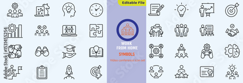 Big set of video conference line icons. Meeting, online, live, call etc. Editable stroke