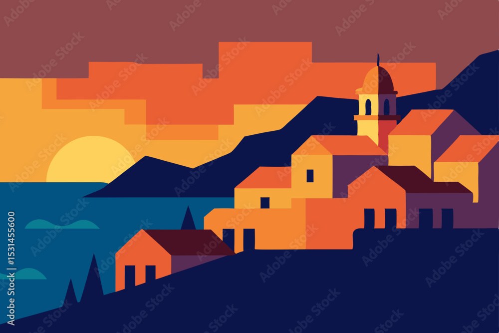 Naklejka premium coastal-town-glowing-in-golden-hour--.svg