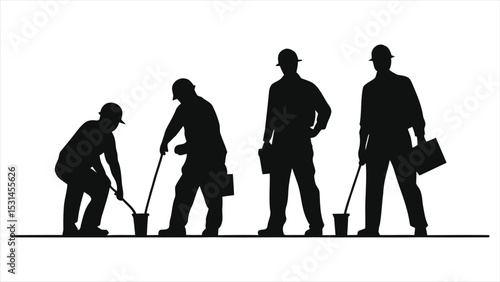 (Electricians)Vector Silhouettes of construction workers in various stages of work/Silhouette image of construction workers engaged in different tasks, from working with tools and a bucket
