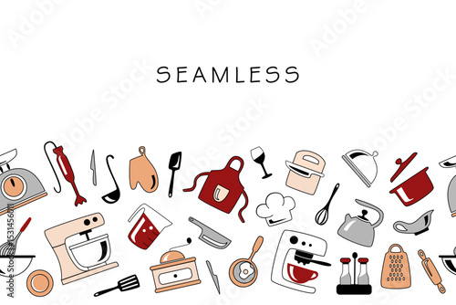 Cooking seamless Pattern. Hand Drawn kitchen tools. Kitchen utensils and appliances for poster, fabric, packaging, menu, background, print. Clipart. Vector illustration
