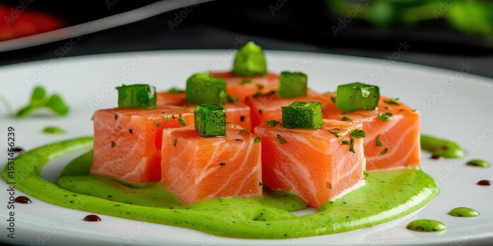 Cubes of fresh salmon sashimi garnished with diced cucumber on a smooth green herb sauce, elegantly plated with drops of dark dressing. Cubes of fresh salmon sashimi garnished with diced cucumber on a smooth green herb sauce, elegantly plated with drops of dark dressing.