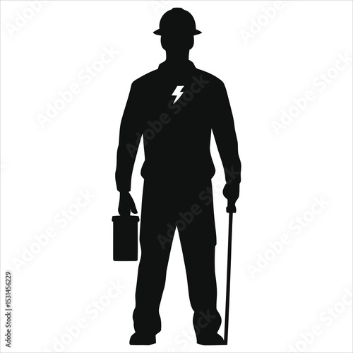 (Electricians) Vector Silhouette of a professional electrician against a plain background/A clean, professional silhouette of an electrician, holding a tool box and a walking cane