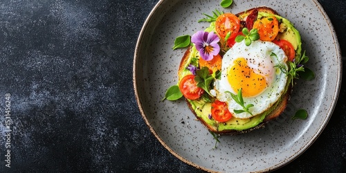 Avocado toast topped with a sunny-side-up egg, cherry tomatoes, microgreens, and edible flowers on a rustic plate.