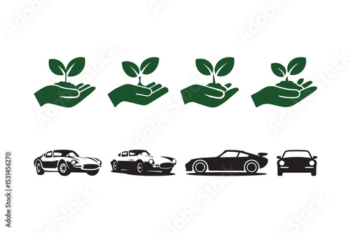 Eco Hand Plant and Retro Sports Car Silhouette Vector Icons Nature and Vehicle Clipart Set
