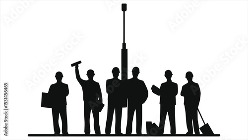 (Engineers)Vector Silhouettes of Construction Workers Standing in Line/A simple, impactful  showcasing a group of construction workers in silhouette.