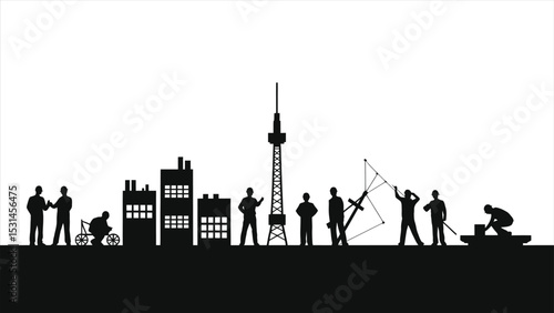 (Engineers)Vector Silhouette illustration of diverse construction workers on a cityscape background/This vector features a horizontal layout of black silhouettes of construction workers