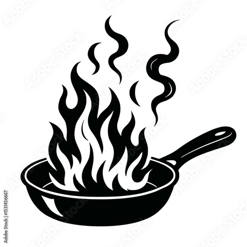 Black and White Vector of a Frying Pan with Flames - Hot Cooking Concept