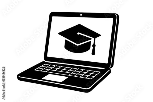 Black and White Laptop with Graduation Cap - Online Degree and Distance Education Icon
