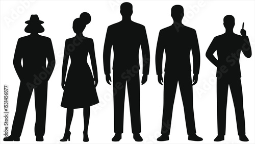 (Engineers) Business Team Vector Silhouettes on a White Background./Five business professionals, presented as black silhouettes, stand in a straight line against a plain, white backdrop.