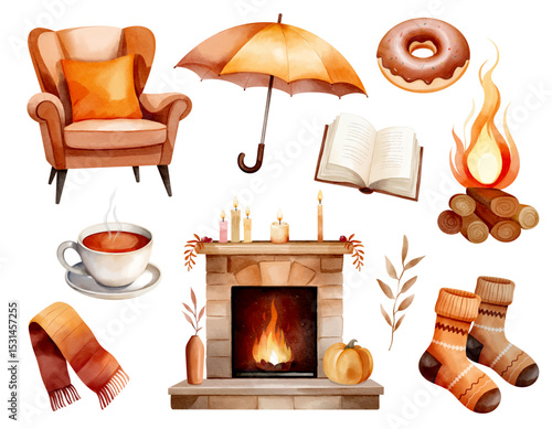 Watercolor cozy autumn set with tea, socks, book, chair, scarf and fireplace. Hand drawn fall illustration