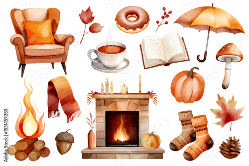 Watercolor cozy autumn set with tea, socks, pumpkin, book, chair, leaves, scarf and fireplace. Hand drawn illustration